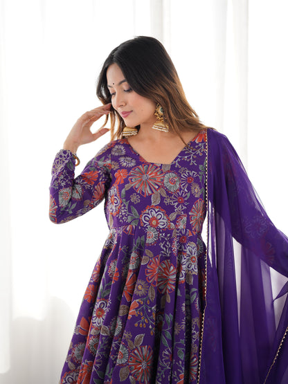 Pure Roman Silk Chanderi Printed Kediya Kurta Set with Palazzo & Organza Dupatta