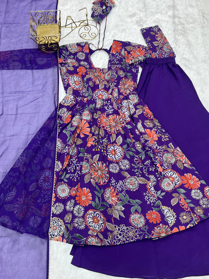 Pure Roman Silk Chanderi Printed Kediya Kurta Set with Palazzo & Organza Dupatta