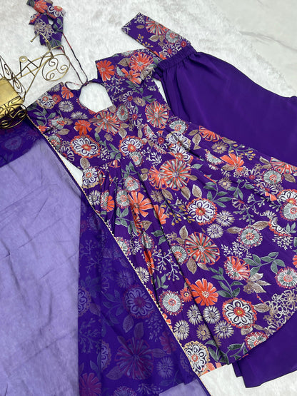 Pure Roman Silk Chanderi Printed Kediya Kurta Set with Palazzo & Organza Dupatta