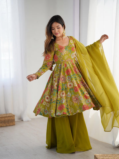 Pure Roman Silk Chanderi Printed Kediya Kurta Set with Palazzo & Organza Dupatta