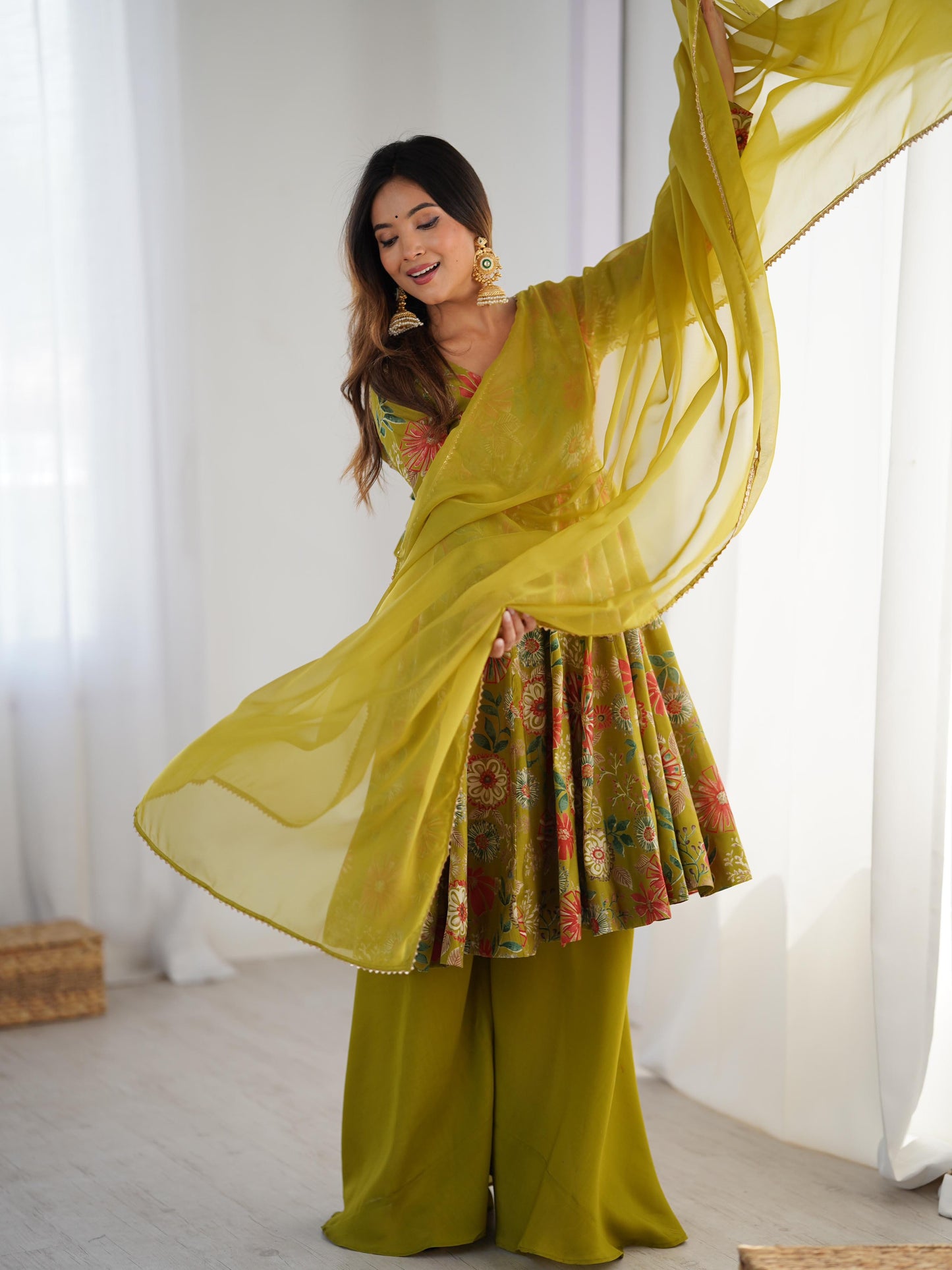 Pure Roman Silk Chanderi Printed Kediya Kurta Set with Palazzo & Organza Dupatta