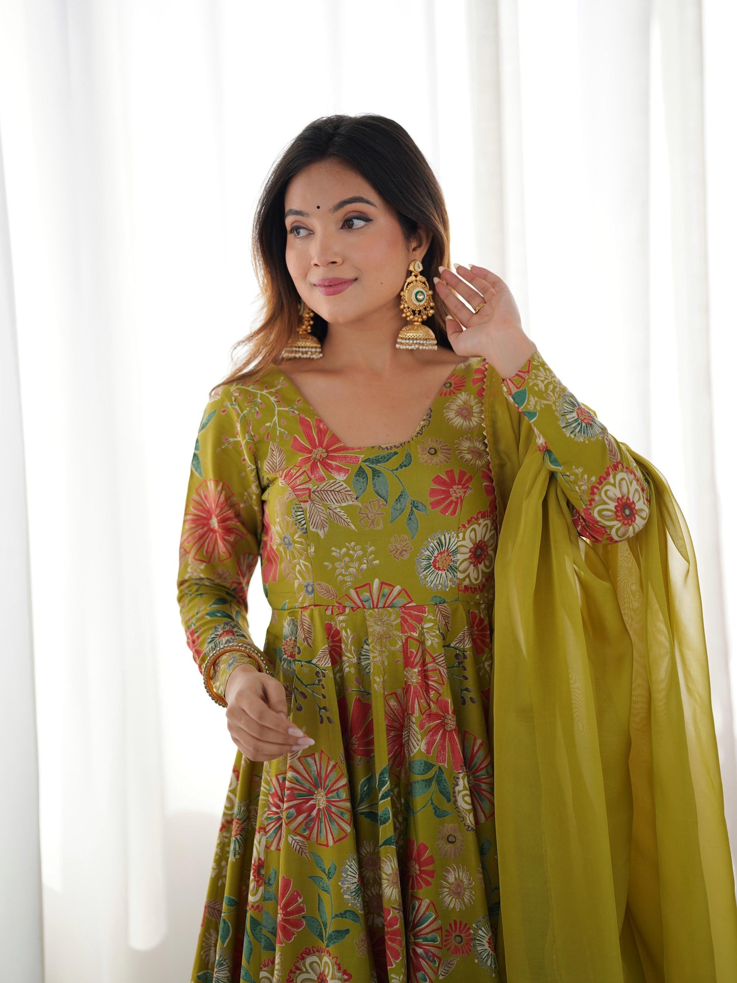 Pure Roman Silk Chanderi Printed Kediya Kurta Set with Palazzo & Organza Dupatta