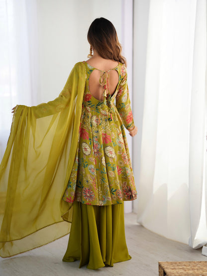 Pure Roman Silk Chanderi Printed Kediya Kurta Set with Palazzo & Organza Dupatta