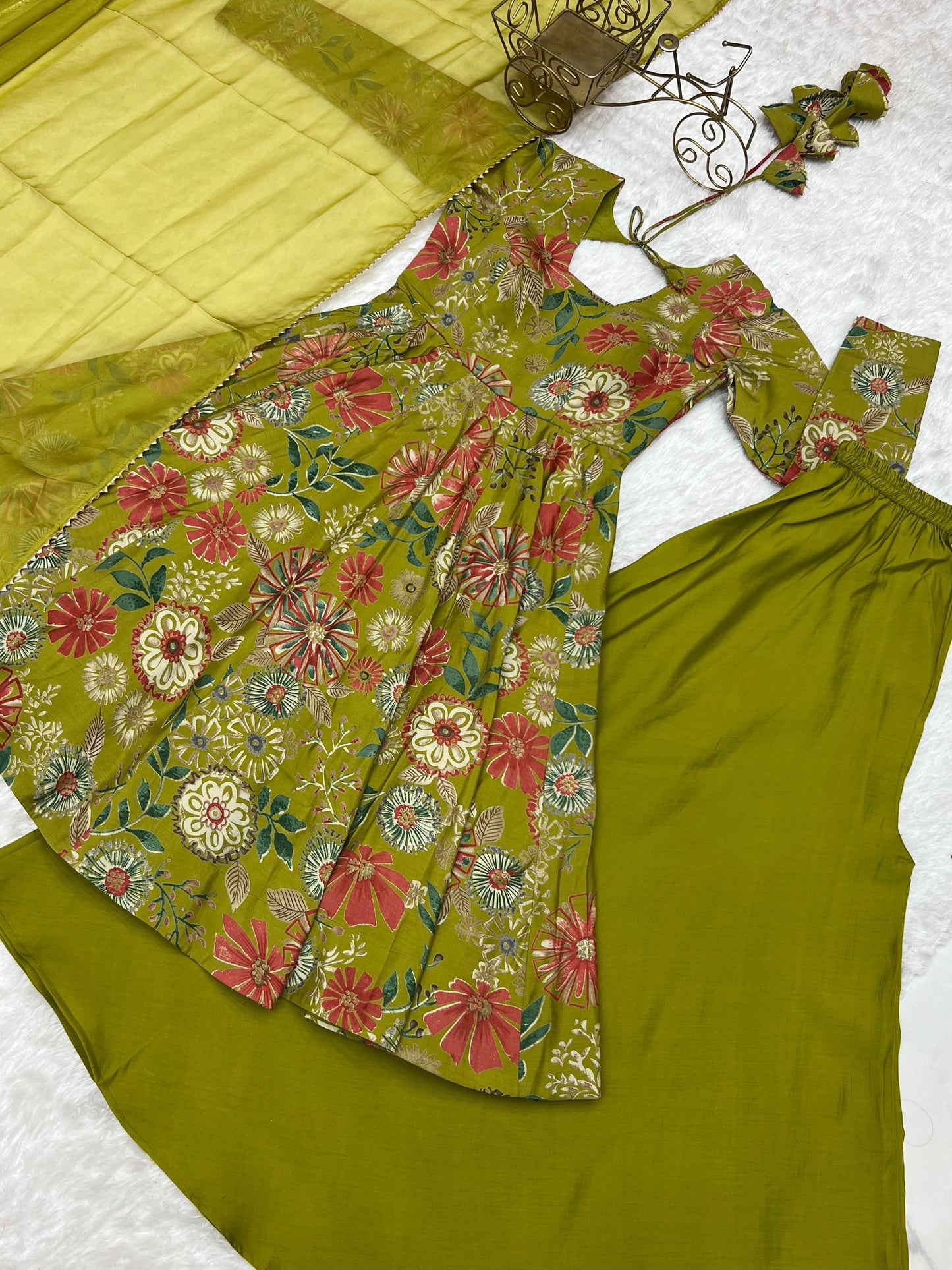 Pure Roman Silk Chanderi Printed Kediya Kurta Set with Palazzo & Organza Dupatta