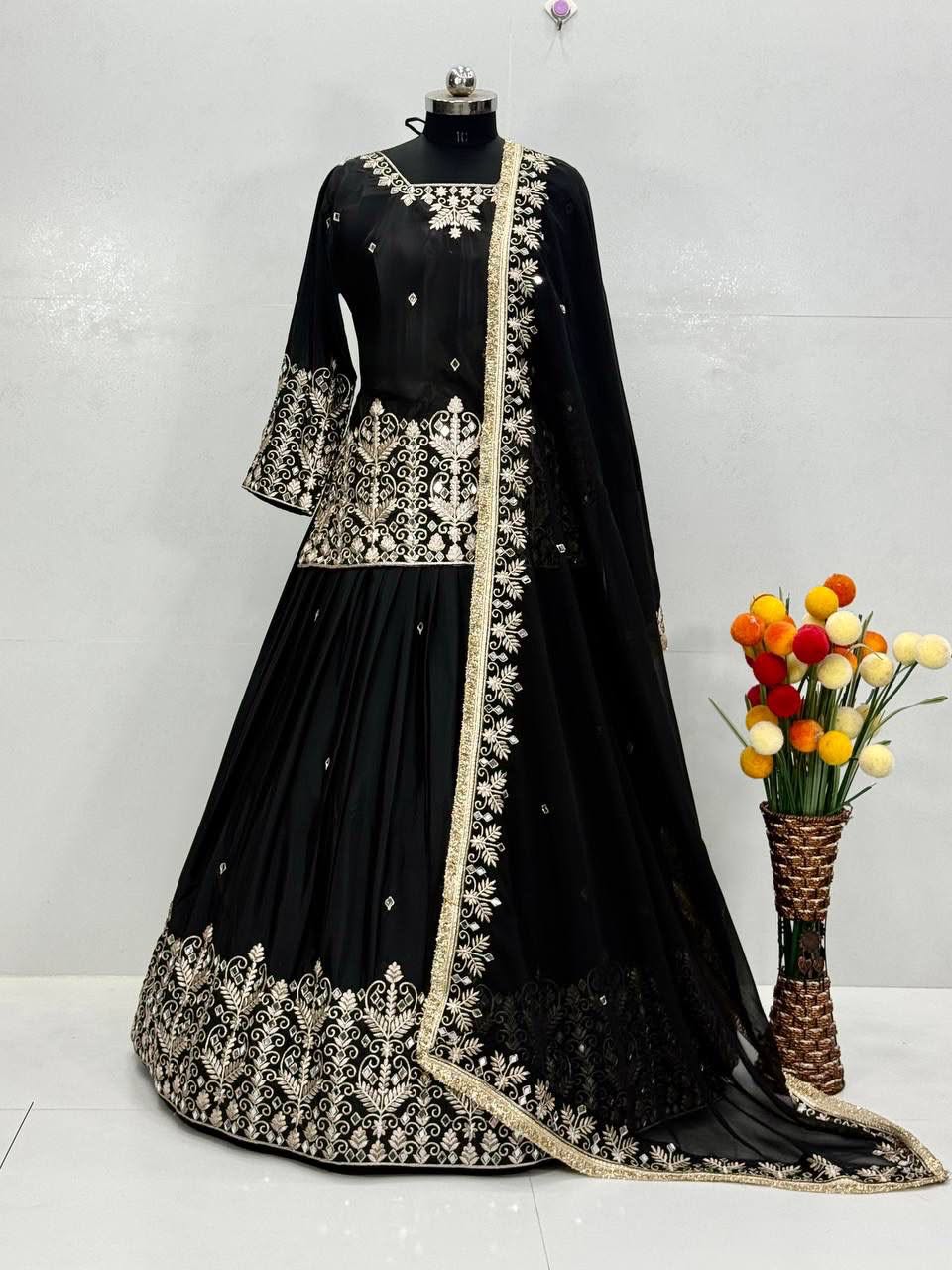 Heavy French Silk Embroidered Lehenga Set with Real Mirror Work Dupatta