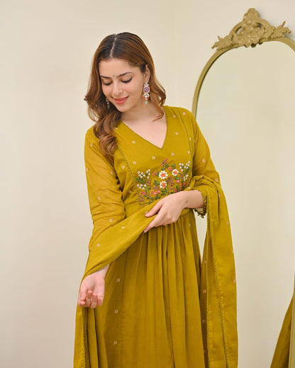Mustard Yellow Embroidered Kurta Set with Dupatta