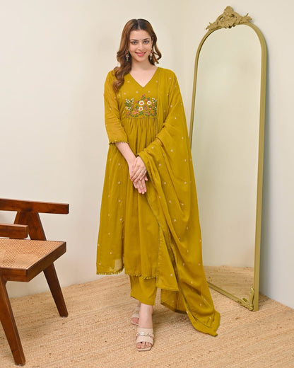 Mustard Yellow Embroidered Kurta Set with Dupatta