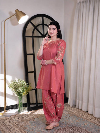 Elegant Dusty Rose Embroidered Kurta with Patiala Pant Set for Women