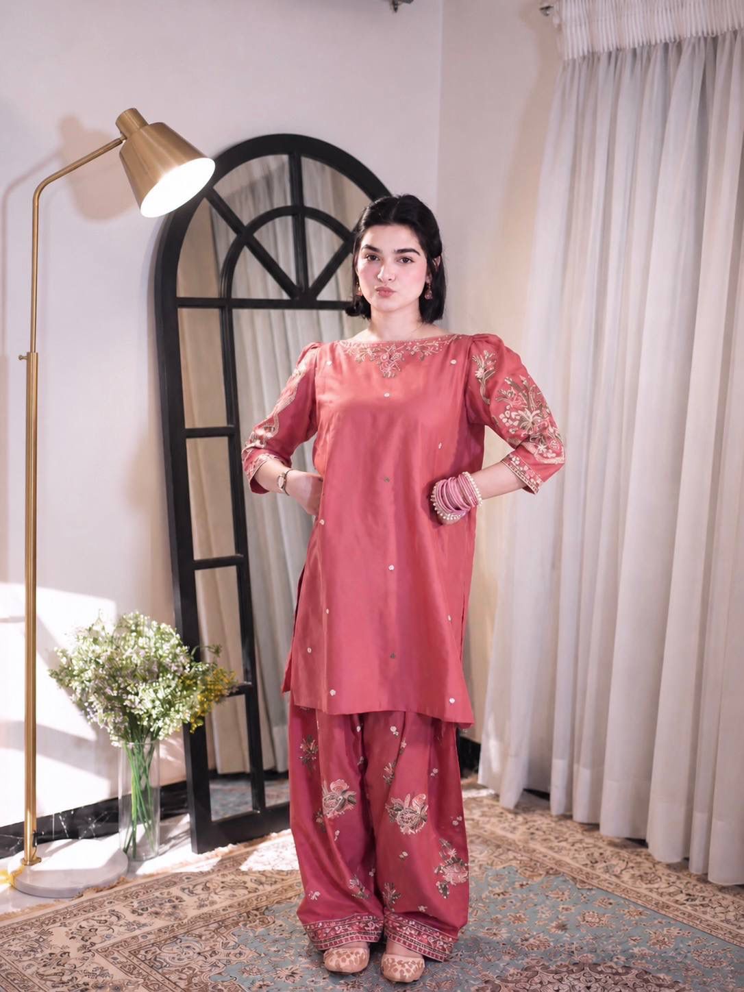 Elegant Dusty Rose Embroidered Kurta with Patiala Pant Set for Women