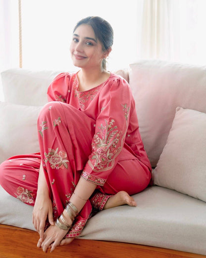 Elegant Dusty Rose Embroidered Kurta with Patiala Pant Set for Women