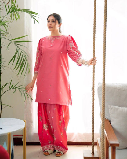 Elegant Dusty Rose Embroidered Kurta with Patiala Pant Set for Women