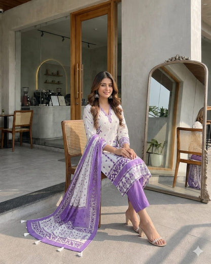 White & Lavender Floral Printed Cotton Kurta Set with Dupatta