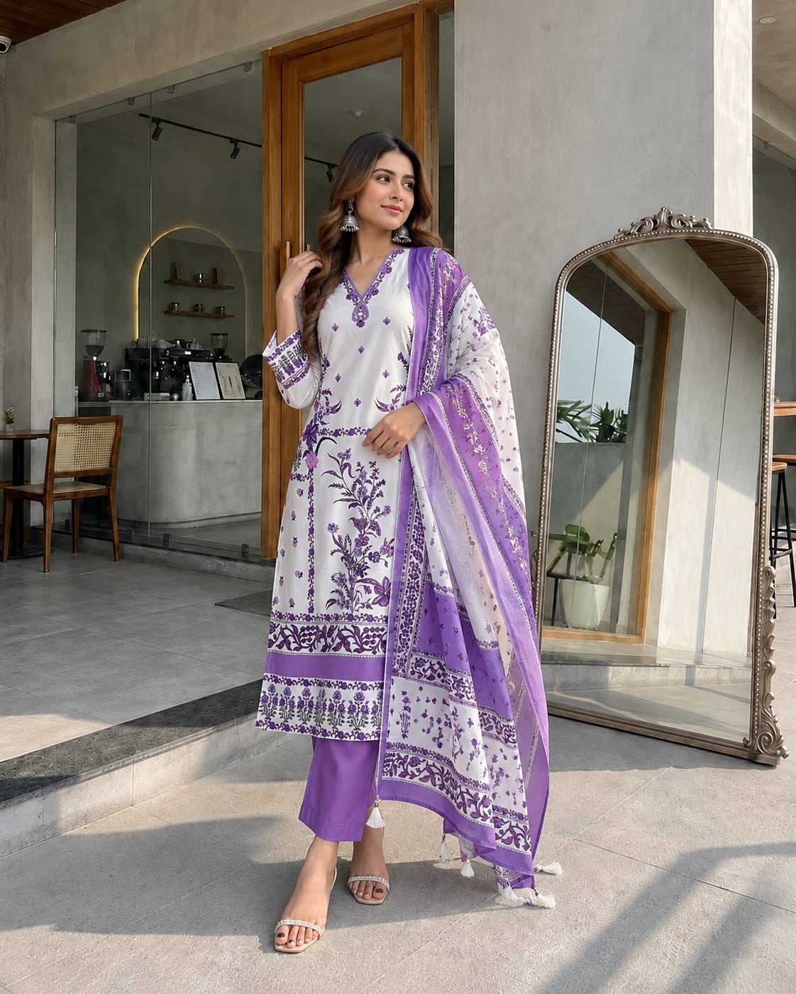 White & Lavender Floral Printed Cotton Kurta Set with Dupatta