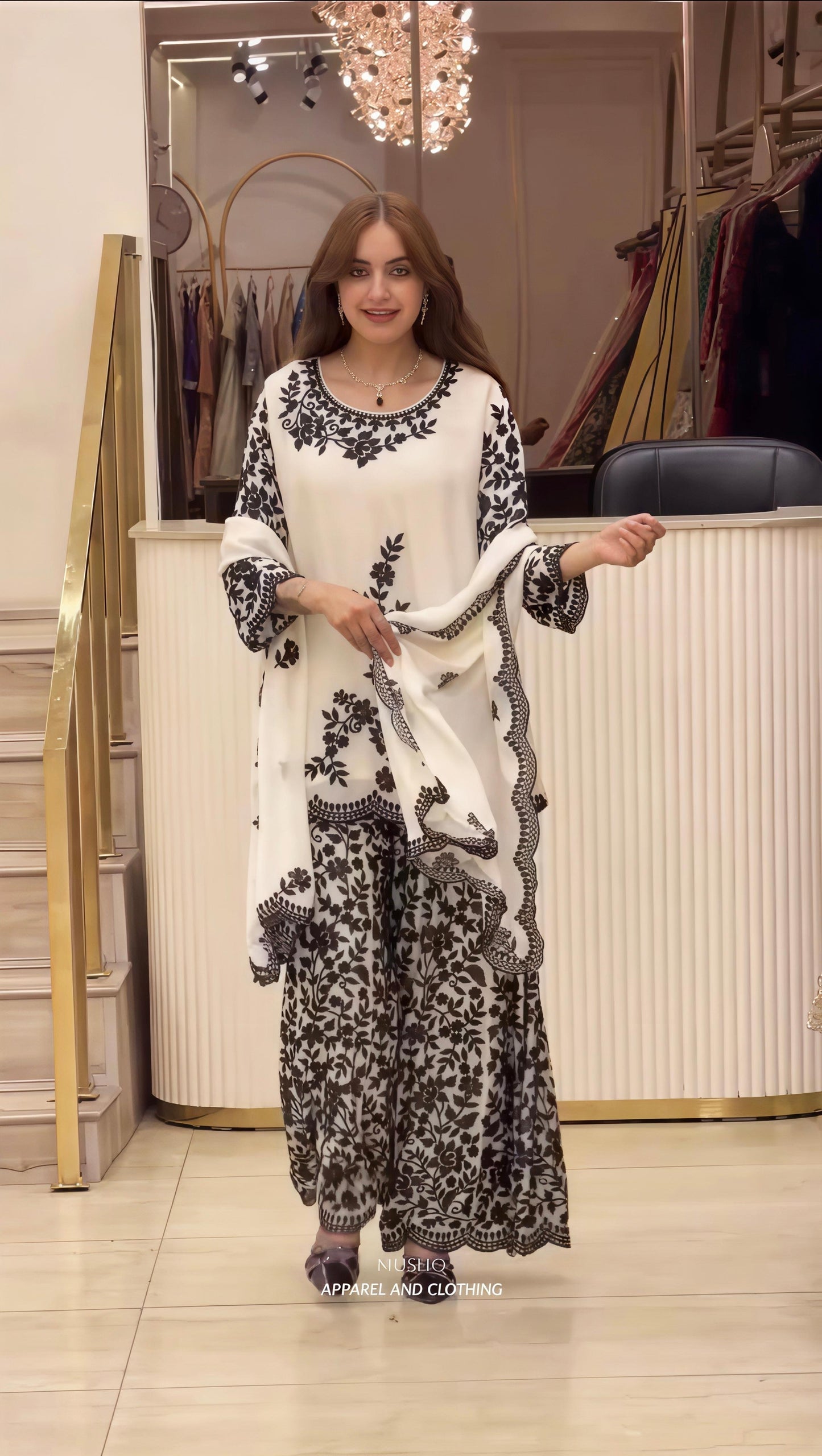 Elegant White & Black Floral Printed Kurta Set with Palazzo & Dupatta