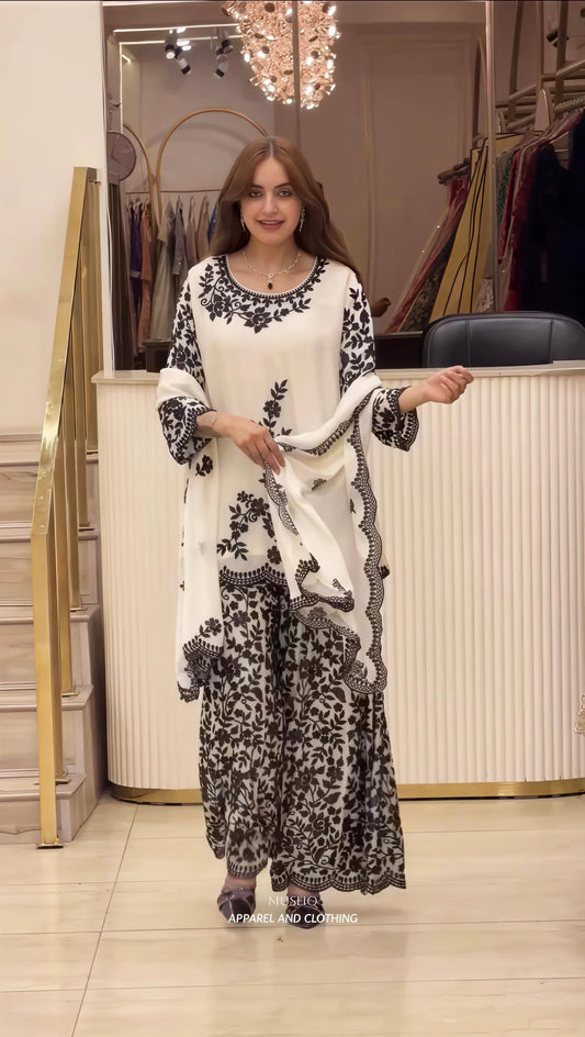 Elegant White & Black Floral Printed Kurta Set with Palazzo & Dupatta