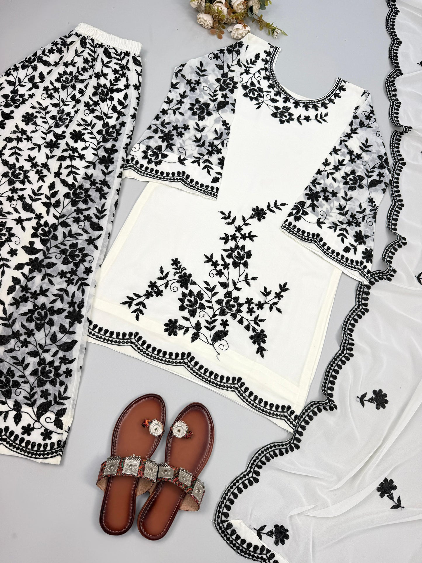 Elegant White & Black Floral Printed Kurta Set with Palazzo & Dupatta