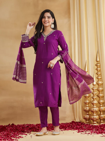 Elegant Purple Embroidered Straight Kurta Pant Set with Jacquard Dupatta