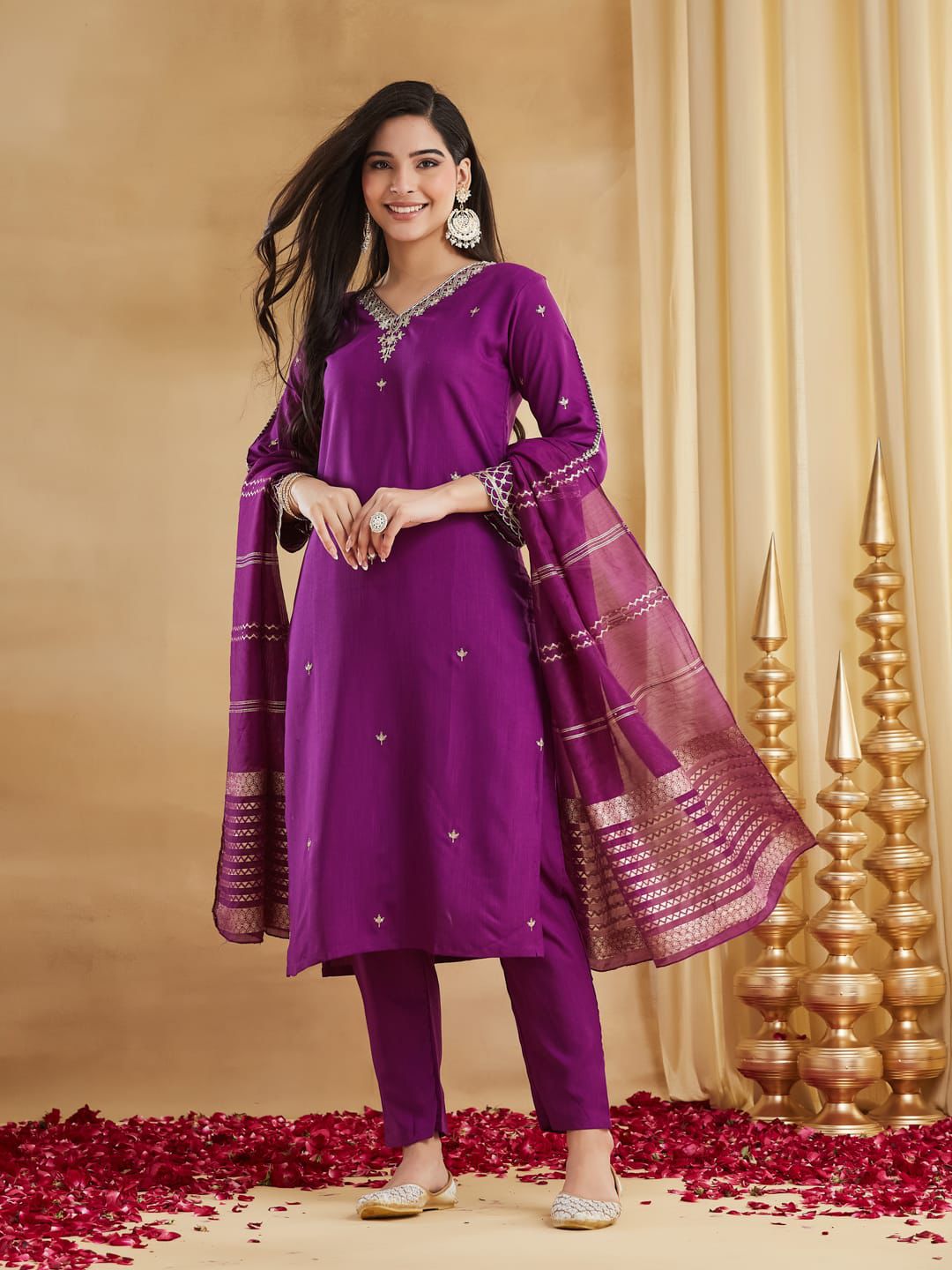 Elegant Purple Embroidered Straight Kurta Pant Set with Jacquard Dupatta