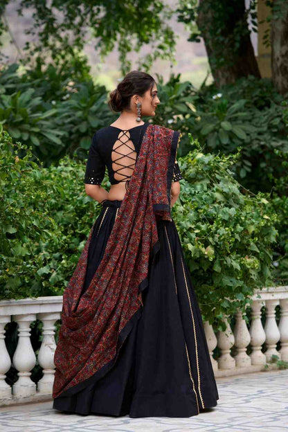Women's Black Cotton Blend Lehenga Choli with Printed Dupatta |
