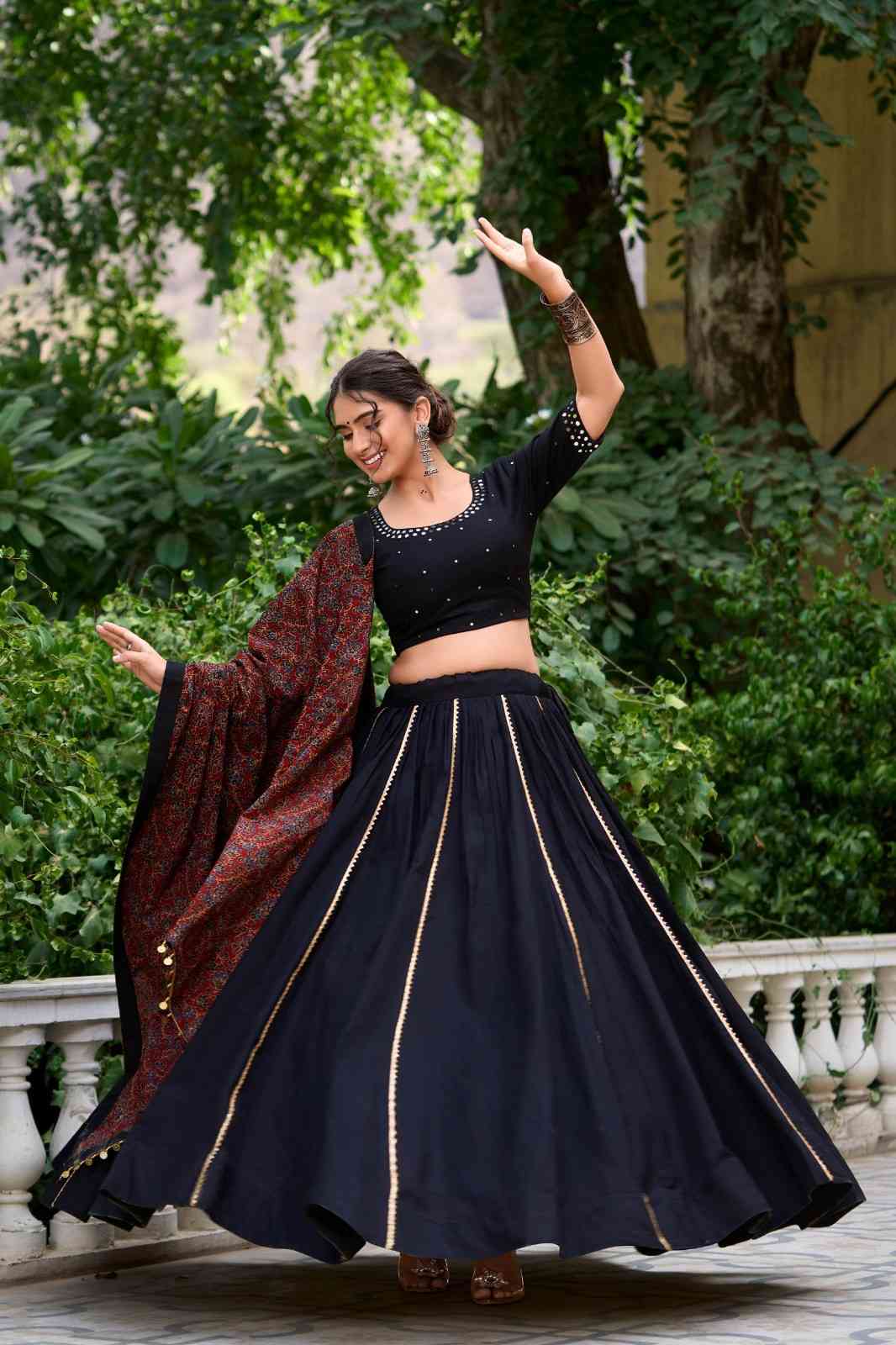 Women's Black Cotton Blend Lehenga Choli with Printed Dupatta |