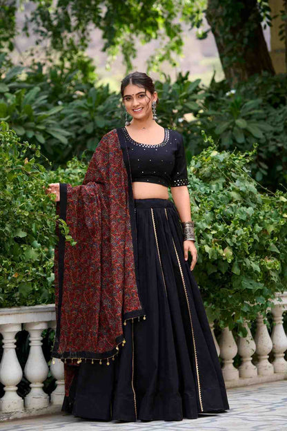 Women's Black Cotton Blend Lehenga Choli with Printed Dupatta |