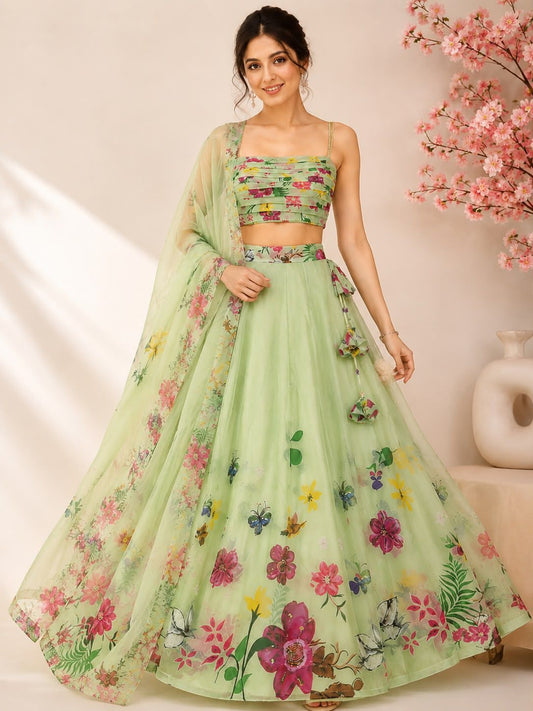Mint Green Floral Printed Organza Lehenga Set