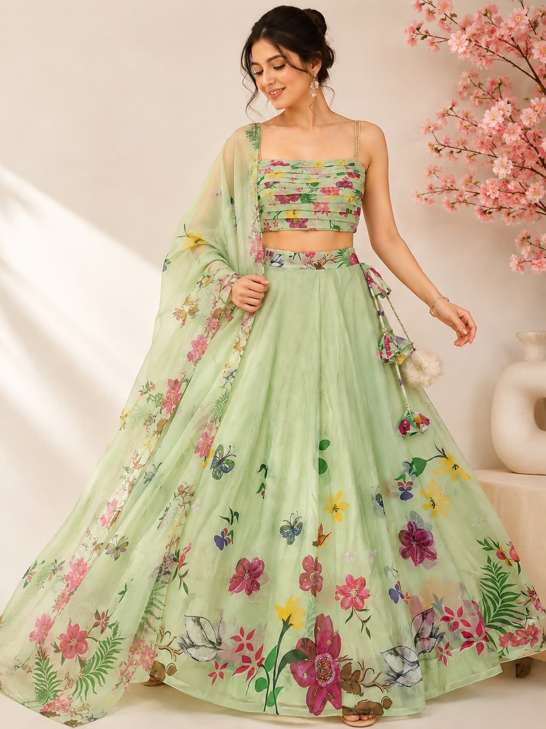Mint Green Floral Printed Organza Lehenga Set