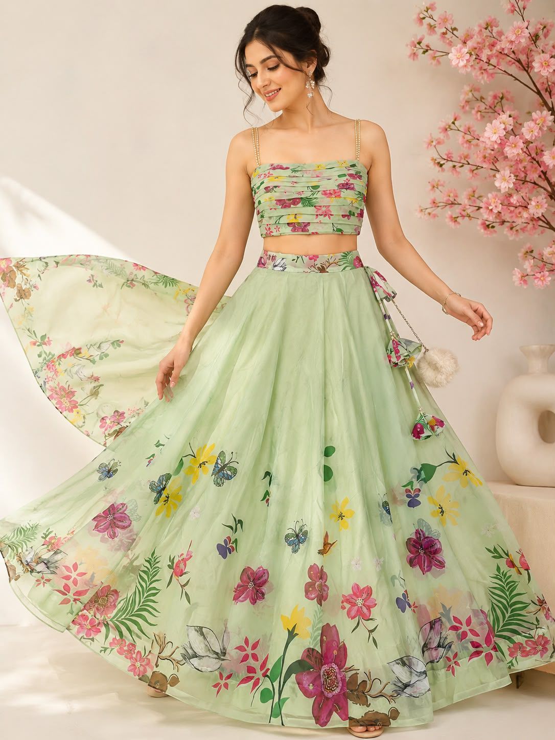 Mint Green Floral Printed Organza Lehenga Set