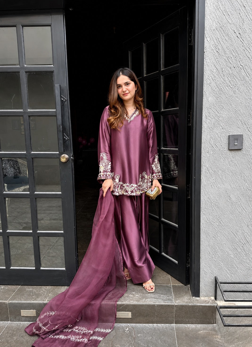 Premium Silk Blend Embroidered Ethnic Suit Set with Loose Pants and Dupatta