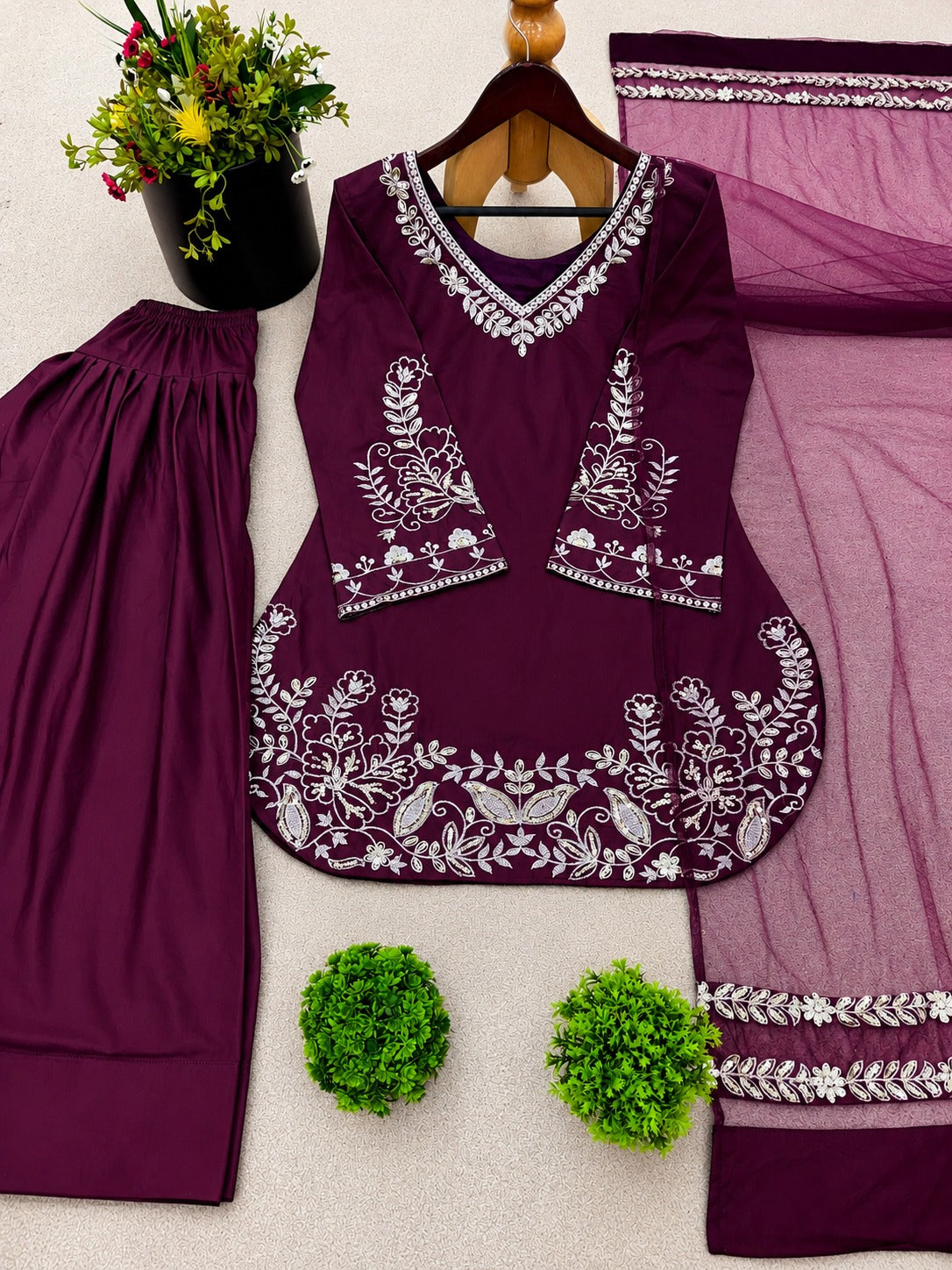 Premium Silk Blend Embroidered Ethnic Suit Set with Loose Pants and Dupatta
