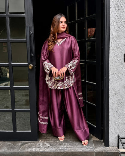 Premium Silk Blend Embroidered Ethnic Suit Set with Loose Pants and Dupatta