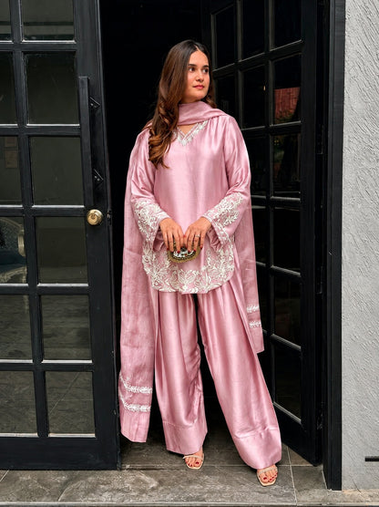 Premium Silk Blend Embroidered Ethnic Suit Set with Loose Pants and Dupatta