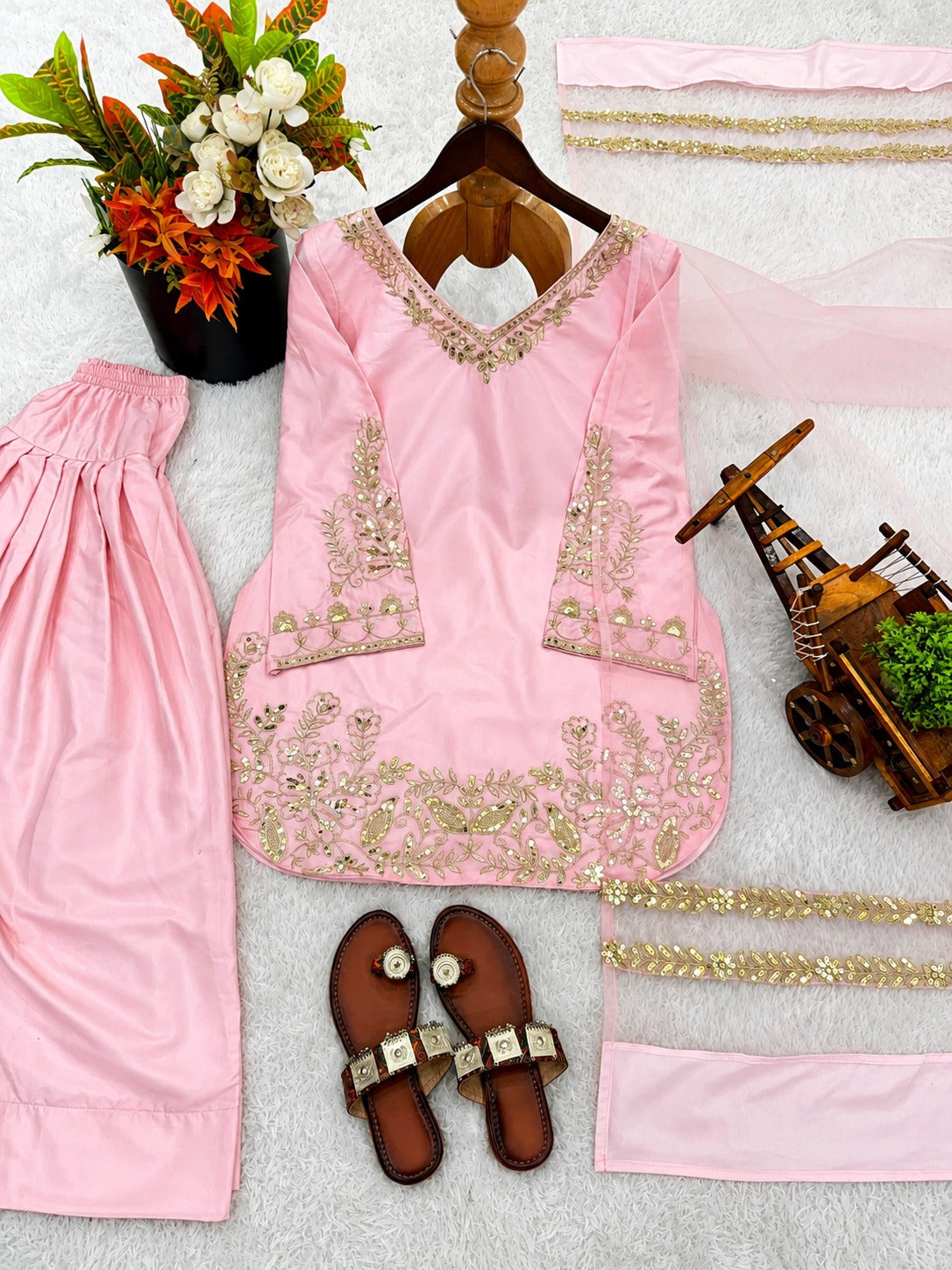 Premium Silk Blend Embroidered Ethnic Suit Set with Loose Pants and Dupatta