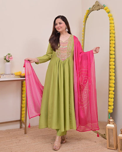 Women's Elegant Beige Embroidered Anarkali Kurta Set with Pink Bandhani Dupatta