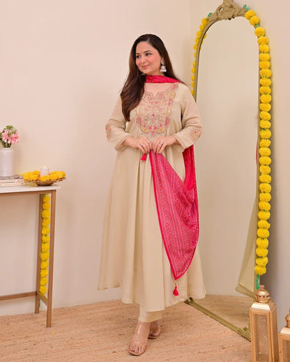 Women's Elegant Beige Embroidered Anarkali Kurta Set with Pink Bandhani Dupatta