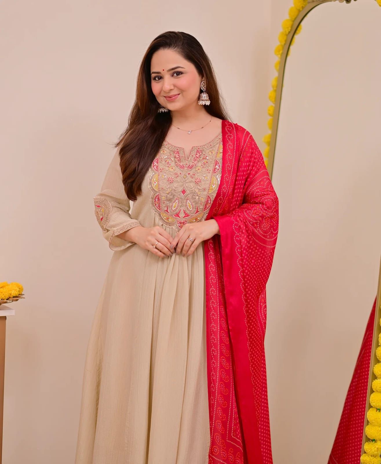 Women's Elegant Beige Embroidered Anarkali Kurta Set with Pink Bandhani Dupatta