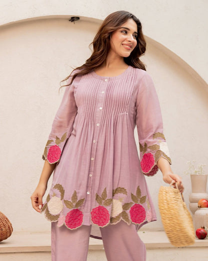 Women's Peach Floral Embroidered Co-ord Set