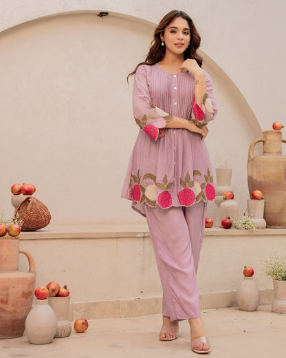 Women's Peach Floral Embroidered Co-ord Set