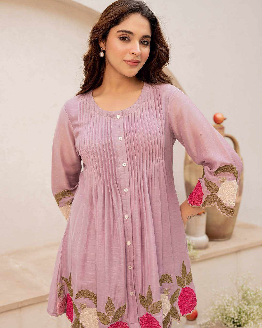 Women's Peach Floral Embroidered Co-ord Set