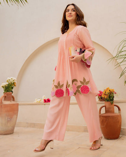 Women's Peach Floral Embroidered Co-ord Set