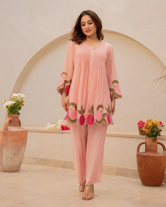 Women's Peach Floral Embroidered Co-ord Set