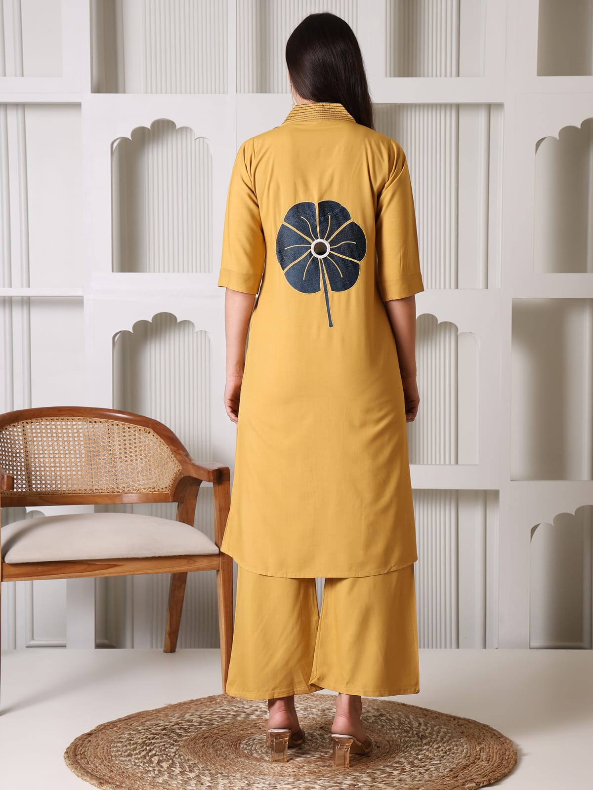 Mustard Yellow Cotton Kurta Set with Contrast Floral Applique and Mirror Work