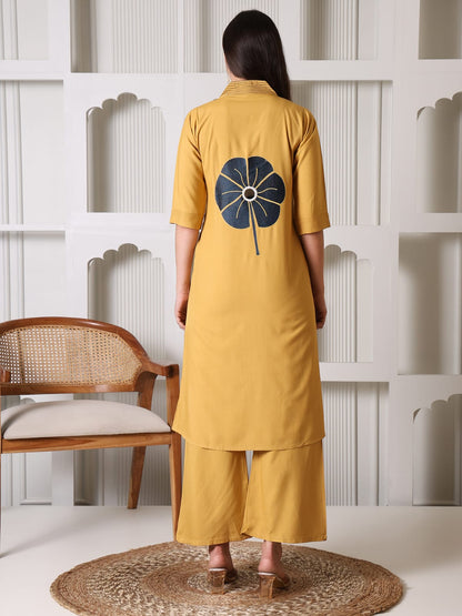 Mustard Yellow Cotton Kurta Set with Contrast Floral Applique and Mirror Work