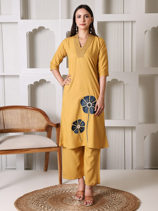 Mustard Yellow Cotton Kurta Set with Contrast Floral Applique and Mirror Work