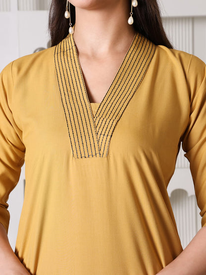 Mustard Yellow Cotton Kurta Set with Contrast Floral Applique and Mirror Work