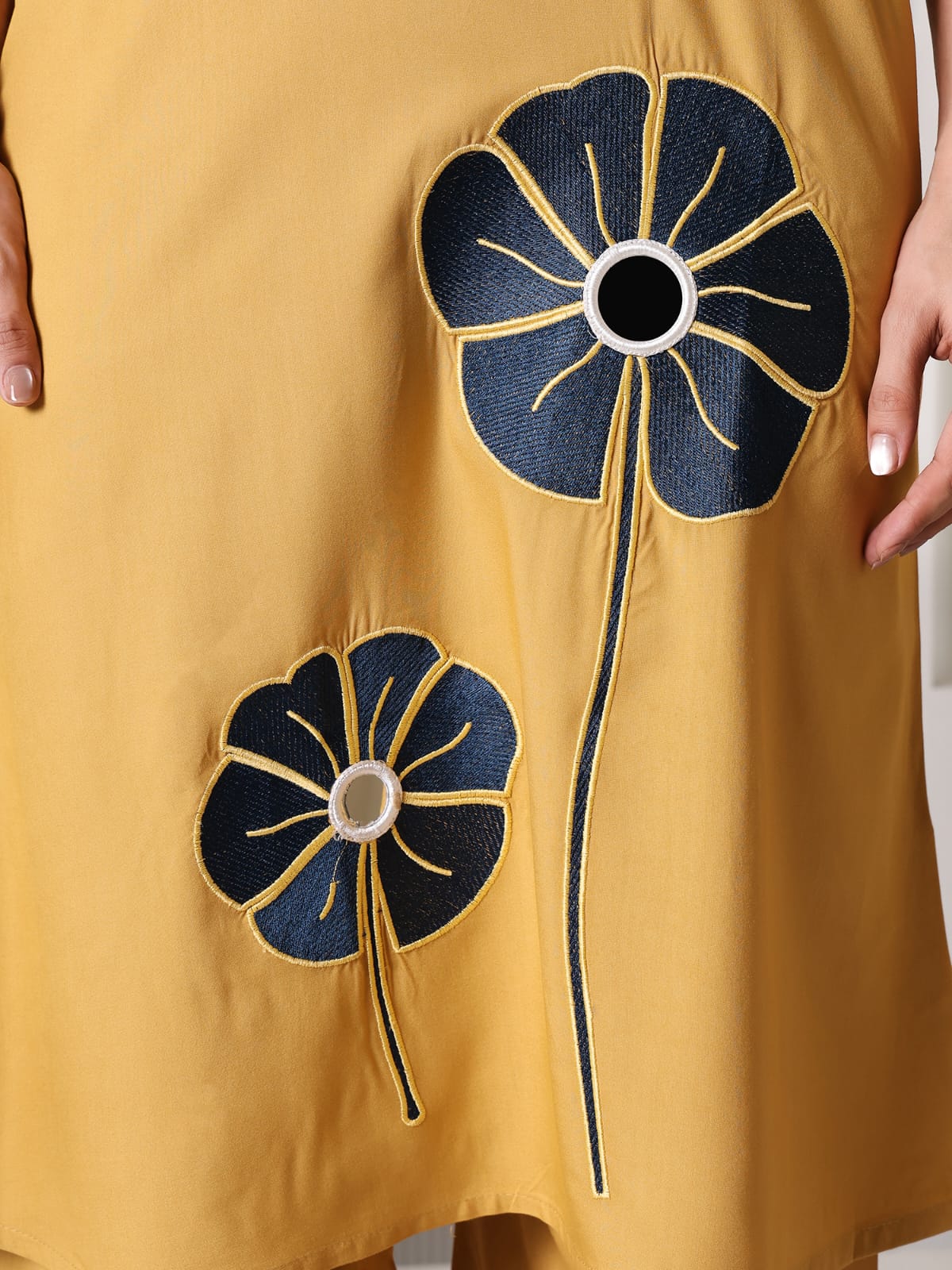 Mustard Yellow Cotton Kurta Set with Contrast Floral Applique and Mirror Work