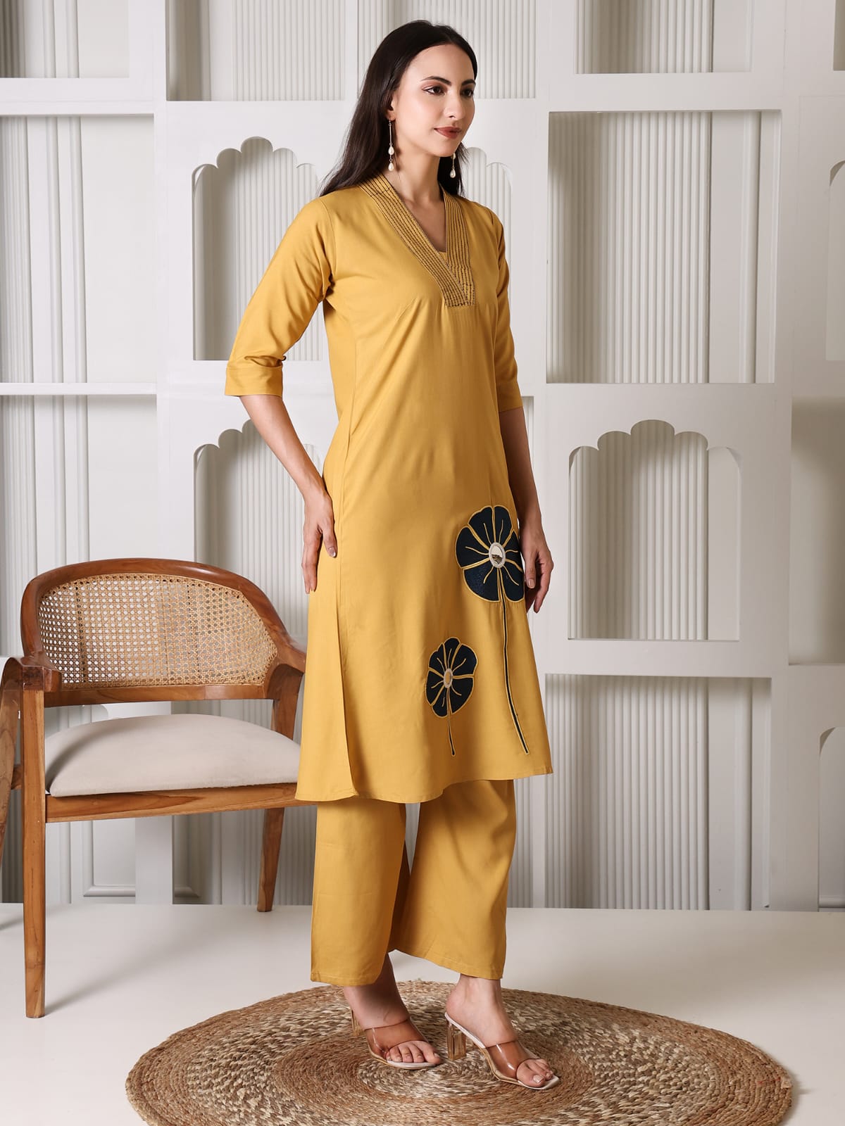 Mustard Yellow Cotton Kurta Set with Contrast Floral Applique and Mirror Work
