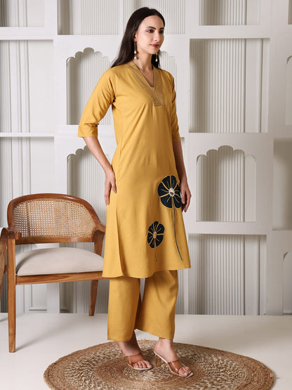 Mustard Yellow Cotton Kurta Set with Contrast Floral Applique and Mirror Work
