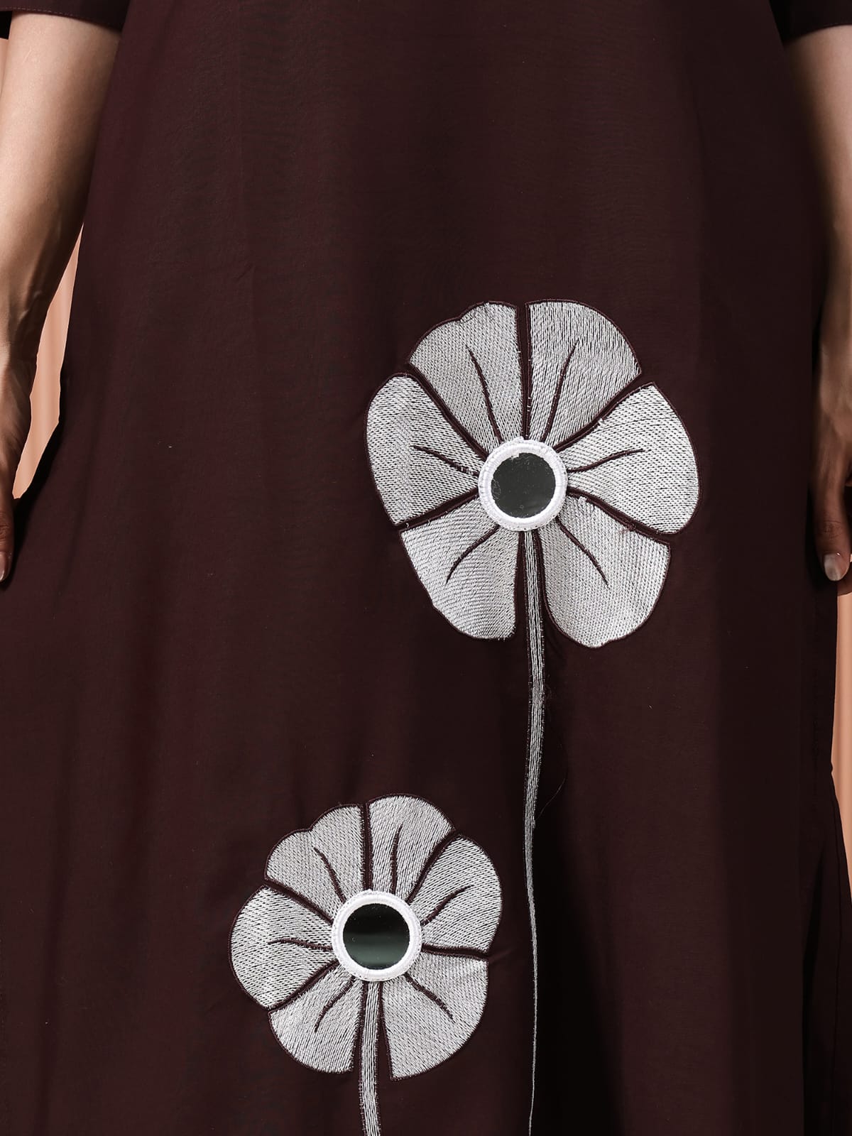 Coffee Brown Cotton Kurta Set with White Floral Applique and Mirror Work