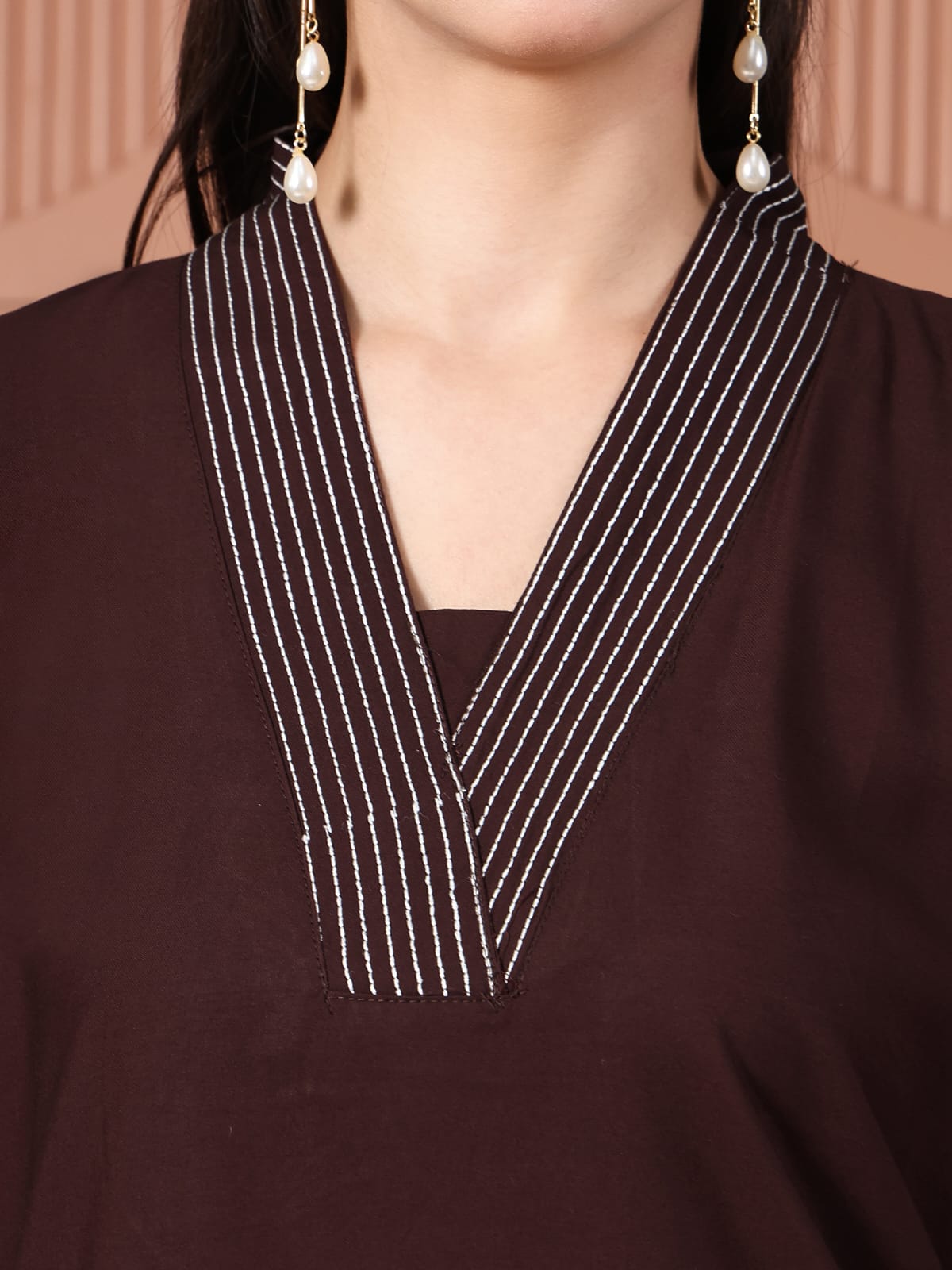 Coffee Brown Cotton Kurta Set with White Floral Applique and Mirror Work